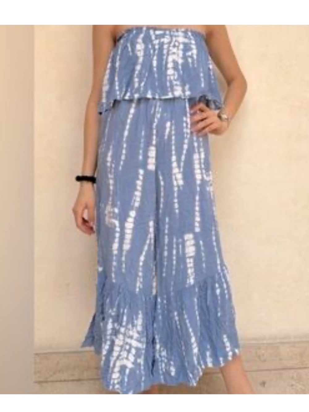 Japna Blue & White Strapless Tie-Dye Jumpsuit Romper